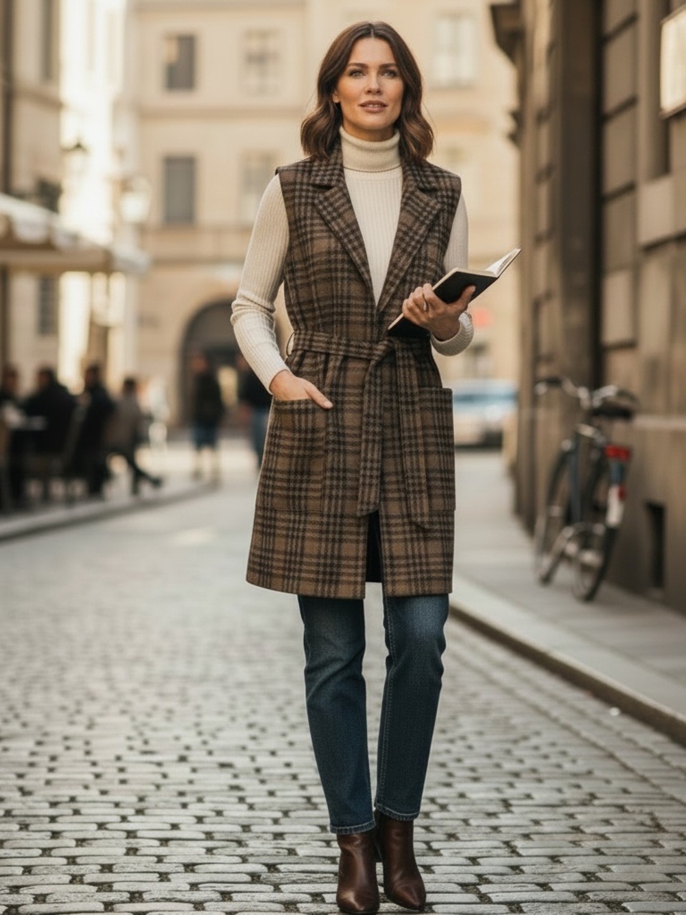 Adrienne Vittadini Brown Plaid Sleeveless Belted Cardigan Vest